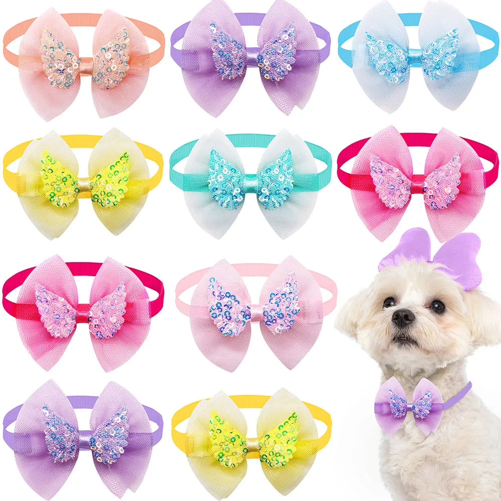 10pcs Lace Pet Dog Bowties Sequin Angel Wing Fashion Bulk Dog Bow Tie Collar for Medium Small Dog Cat Bowknot Pet Accessories